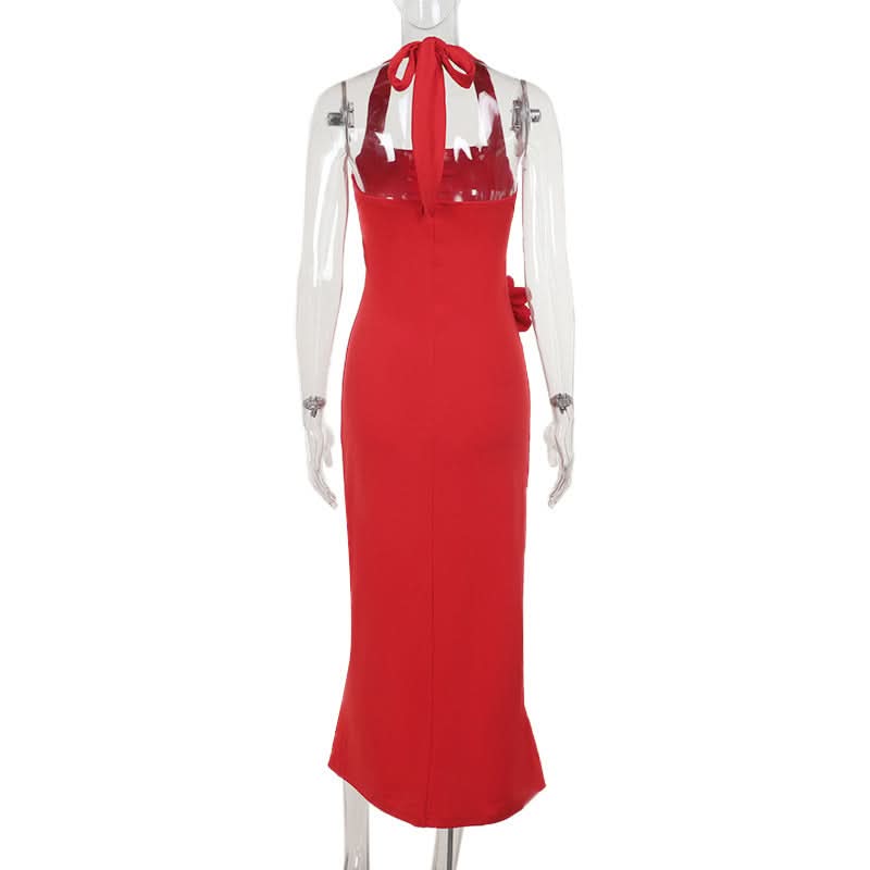 Scarlet Glamour: Red Halter Slit Midi Dress with Romantic Floral Detail - Your Statement Piece for Fall & Holiday