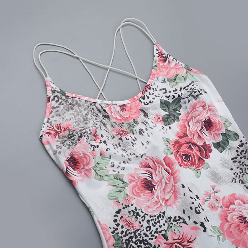 Autumn Bloom & Wild Sophistication: Pink Floral Leopard Mermaid Maxi Dress - Elegant Cross-Back Gown