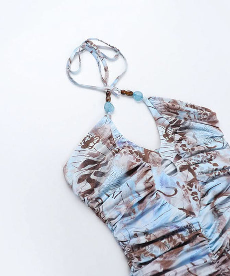 Y2K Abstract Print Halter Mini Dress - Chic Fall Getaway & Party Style