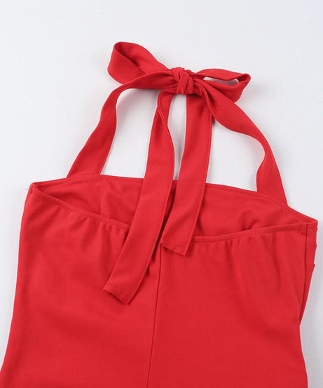 Scarlet Glamour: Red Halter Slit Midi Dress with Romantic Floral Detail - Your Statement Piece for Fall & Holiday