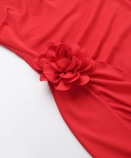 Scarlet Glamour: Red Halter Slit Midi Dress with Romantic Floral Detail - Your Statement Piece for Fall & Holiday