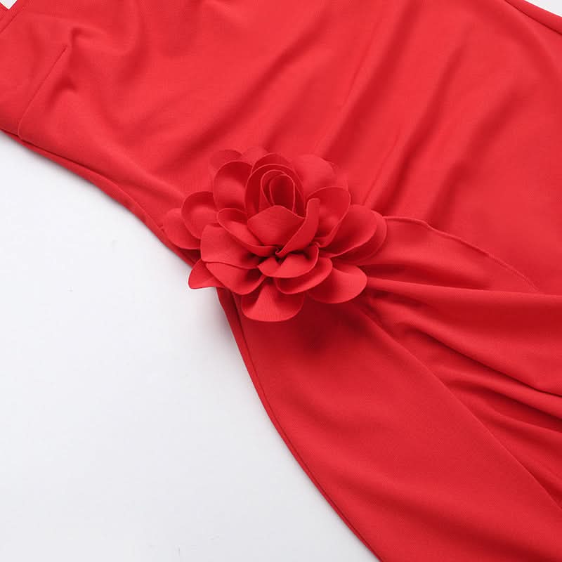 Scarlet Glamour: Red Halter Slit Midi Dress with Romantic Floral Detail - Your Statement Piece for Fall & Holiday