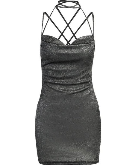 Sparkle & Slay: Shimmering Cowl Neck Mini Dress | Criss-Cross Halter Bodycon for Holiday Parties & NYE