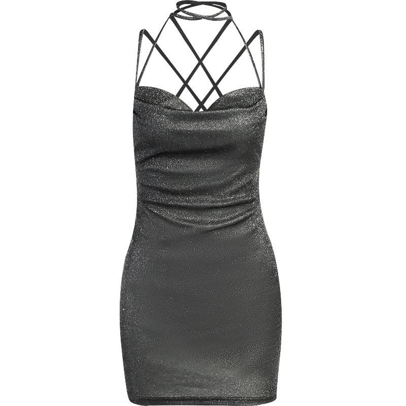 Sparkle & Slay: Shimmering Cowl Neck Mini Dress | Criss-Cross Halter Bodycon for Holiday Parties & NYE