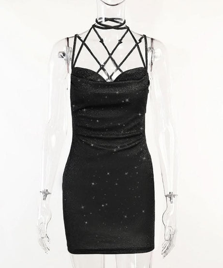 Sparkle & Slay: Shimmering Cowl Neck Mini Dress | Criss-Cross Halter Bodycon for Holiday Parties & NYE
