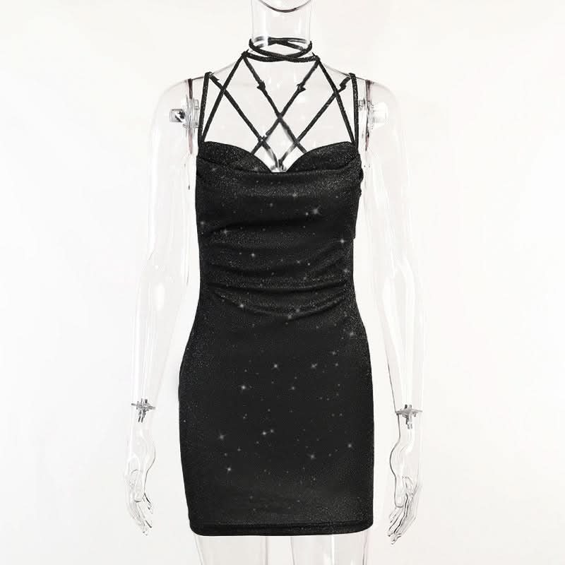 Sparkle & Slay: Shimmering Cowl Neck Mini Dress | Criss-Cross Halter Bodycon for Holiday Parties & NYE