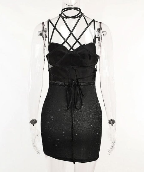 Sparkle & Slay: Shimmering Cowl Neck Mini Dress | Criss-Cross Halter Bodycon for Holiday Parties & NYE