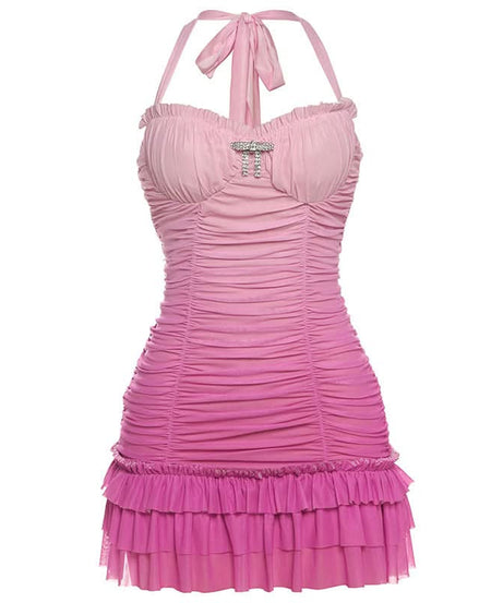 Barbiecore Pink Ombre Ruched Halter Mini Dress with Rhinestone Bow - Y2K Party & Club Ready