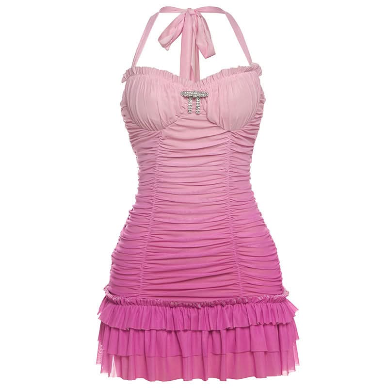 Barbiecore Pink Ombre Ruched Halter Mini Dress with Rhinestone Bow - Y2K Party & Club Ready