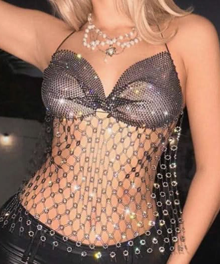 Dazzling Rhinestone Chainmail Halter Crop Top - Sparkle & Shine for Halloween, Parties & NYE