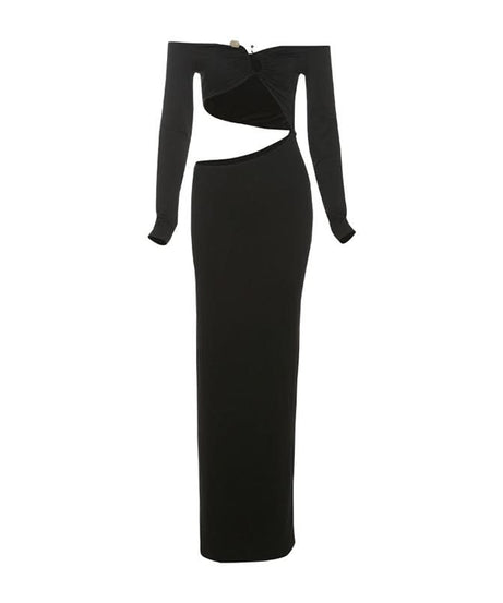 Sultry Black Off-Shoulder Cut-Out Maxi Dress | Fall & Holiday Party Evening Gown