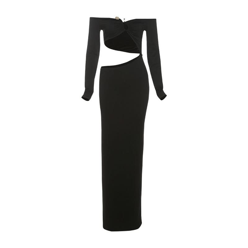 Sultry Black Off-Shoulder Cut-Out Maxi Dress | Fall & Holiday Party Evening Gown