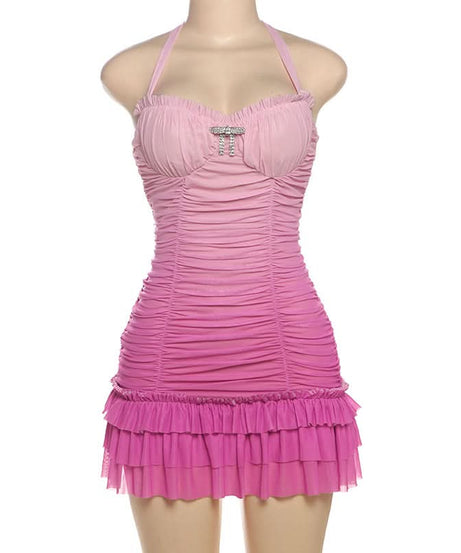 Barbiecore Pink Ombre Ruched Halter Mini Dress with Rhinestone Bow - Y2K Party & Club Ready