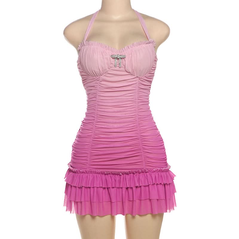 Barbiecore Pink Ombre Ruched Halter Mini Dress with Rhinestone Bow - Y2K Party & Club Ready
