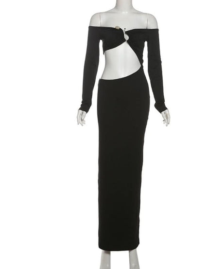 Sultry Black Off-Shoulder Cut-Out Maxi Dress | Fall & Holiday Party Evening Gown