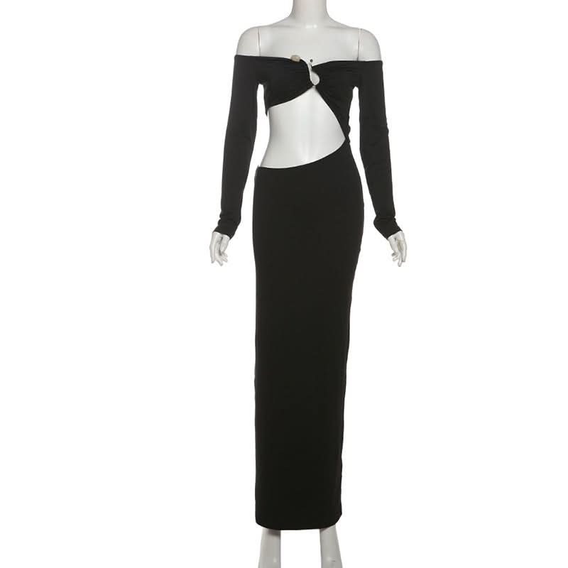 Sultry Black Off-Shoulder Cut-Out Maxi Dress | Fall & Holiday Party Evening Gown