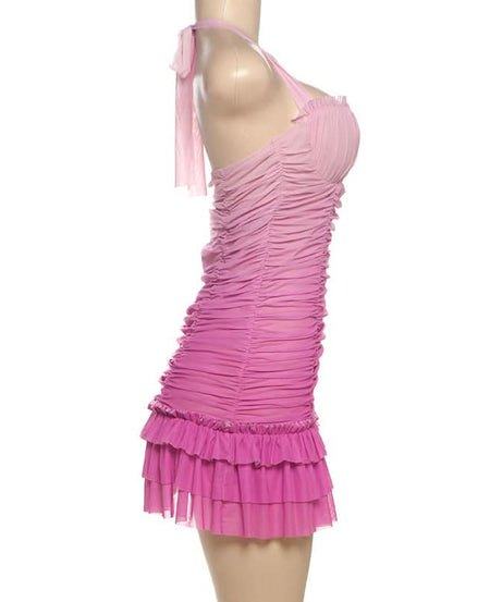 Barbiecore Pink Ombre Ruched Halter Mini Dress with Rhinestone Bow - Y2K Party & Club Ready