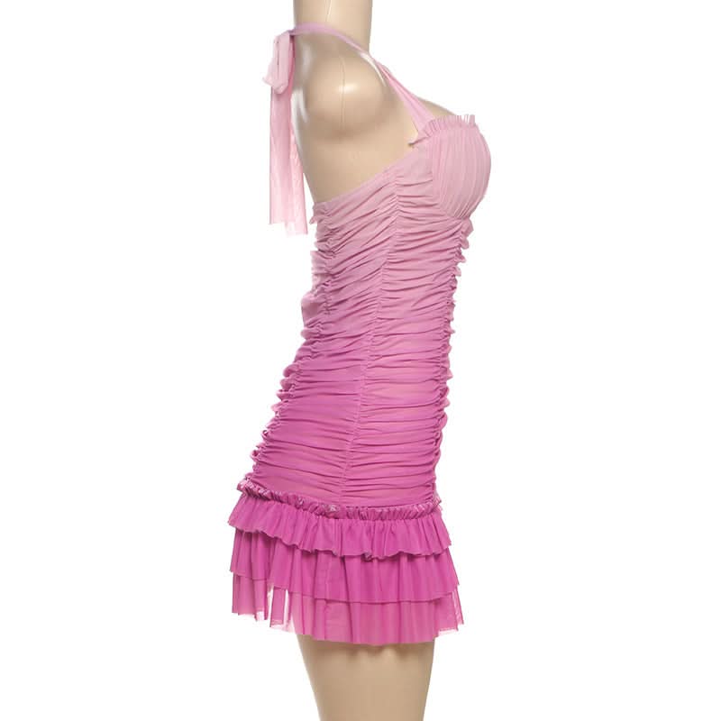 Barbiecore Pink Ombre Ruched Halter Mini Dress with Rhinestone Bow - Y2K Party & Club Ready
