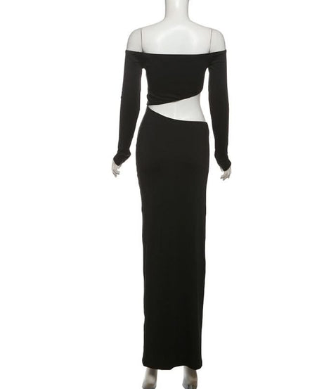 Sultry Black Off-Shoulder Cut-Out Maxi Dress | Fall & Holiday Party Evening Gown