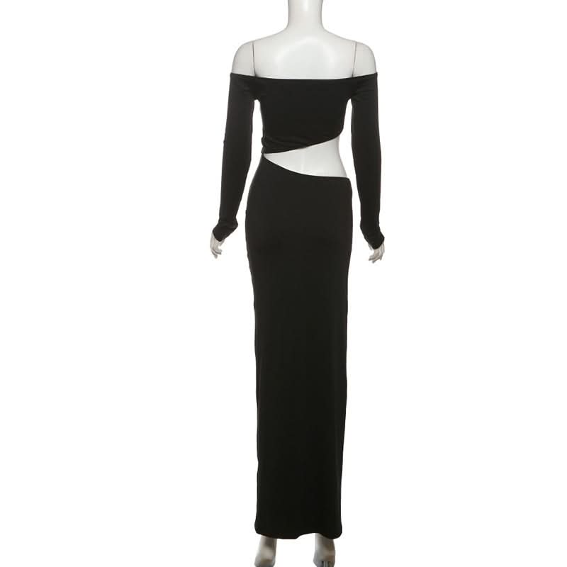 Sultry Black Off-Shoulder Cut-Out Maxi Dress | Fall & Holiday Party Evening Gown