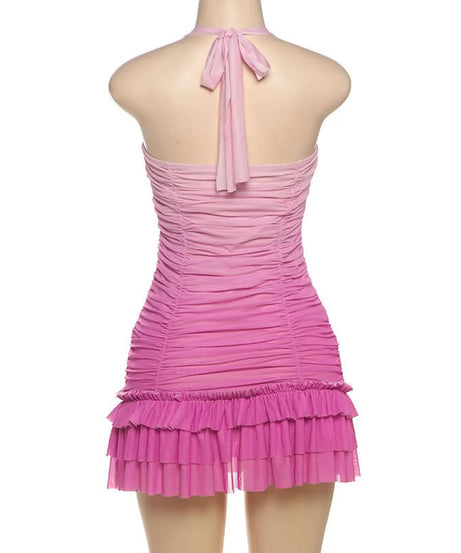 Barbiecore Pink Ombre Ruched Halter Mini Dress with Rhinestone Bow - Y2K Party & Club Ready