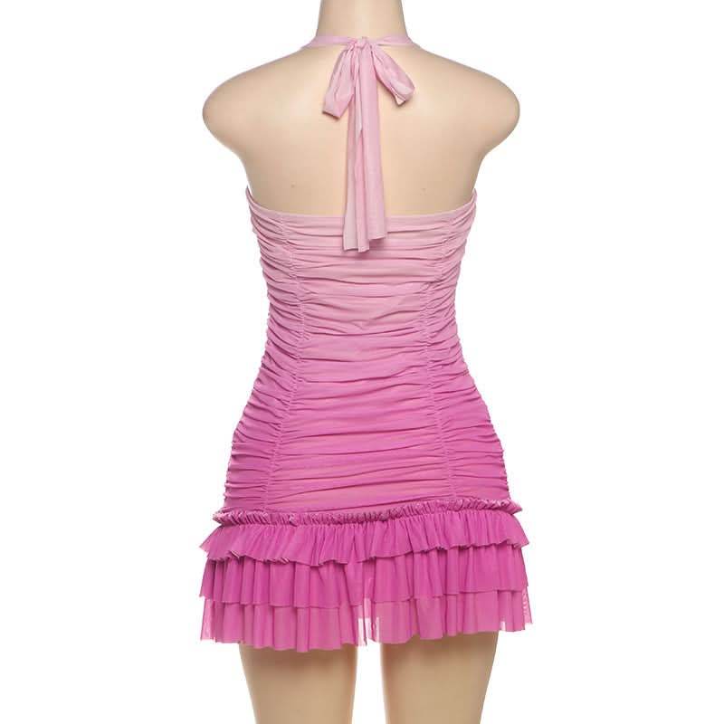 Barbiecore Pink Ombre Ruched Halter Mini Dress with Rhinestone Bow - Y2K Party & Club Ready
