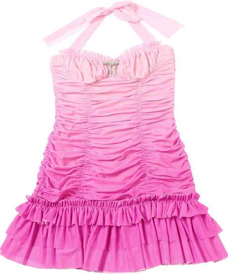 Barbiecore Pink Ombre Ruched Halter Mini Dress with Rhinestone Bow - Y2K Party & Club Ready