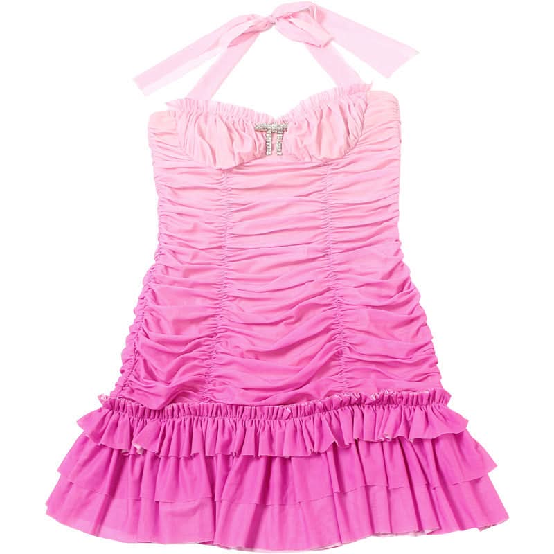 Barbiecore Pink Ombre Ruched Halter Mini Dress with Rhinestone Bow - Y2K Party & Club Ready
