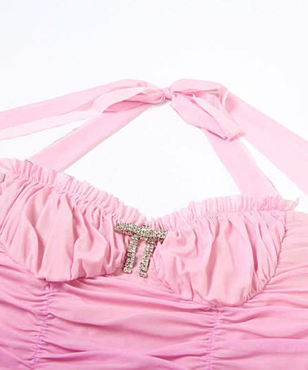 Barbiecore Pink Ombre Ruched Halter Mini Dress with Rhinestone Bow - Y2K Party & Club Ready