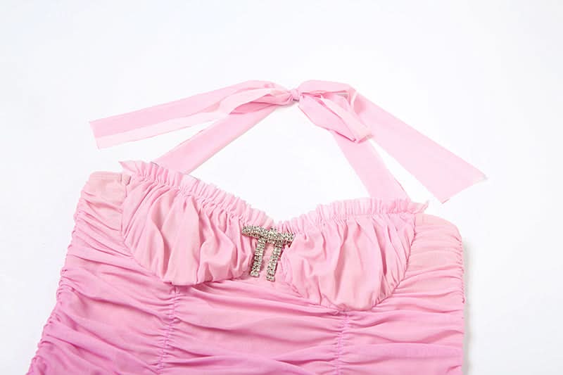 Barbiecore Pink Ombre Ruched Halter Mini Dress with Rhinestone Bow - Y2K Party & Club Ready