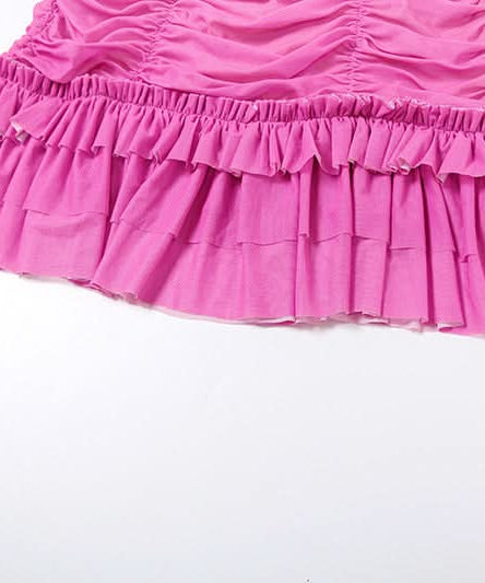 Barbiecore Pink Ombre Ruched Halter Mini Dress with Rhinestone Bow - Y2K Party & Club Ready