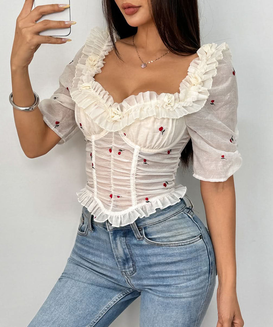 Chic Cherry Ruffle Corset-Style Top - Romantic Sheer Puff Sleeve Blouse