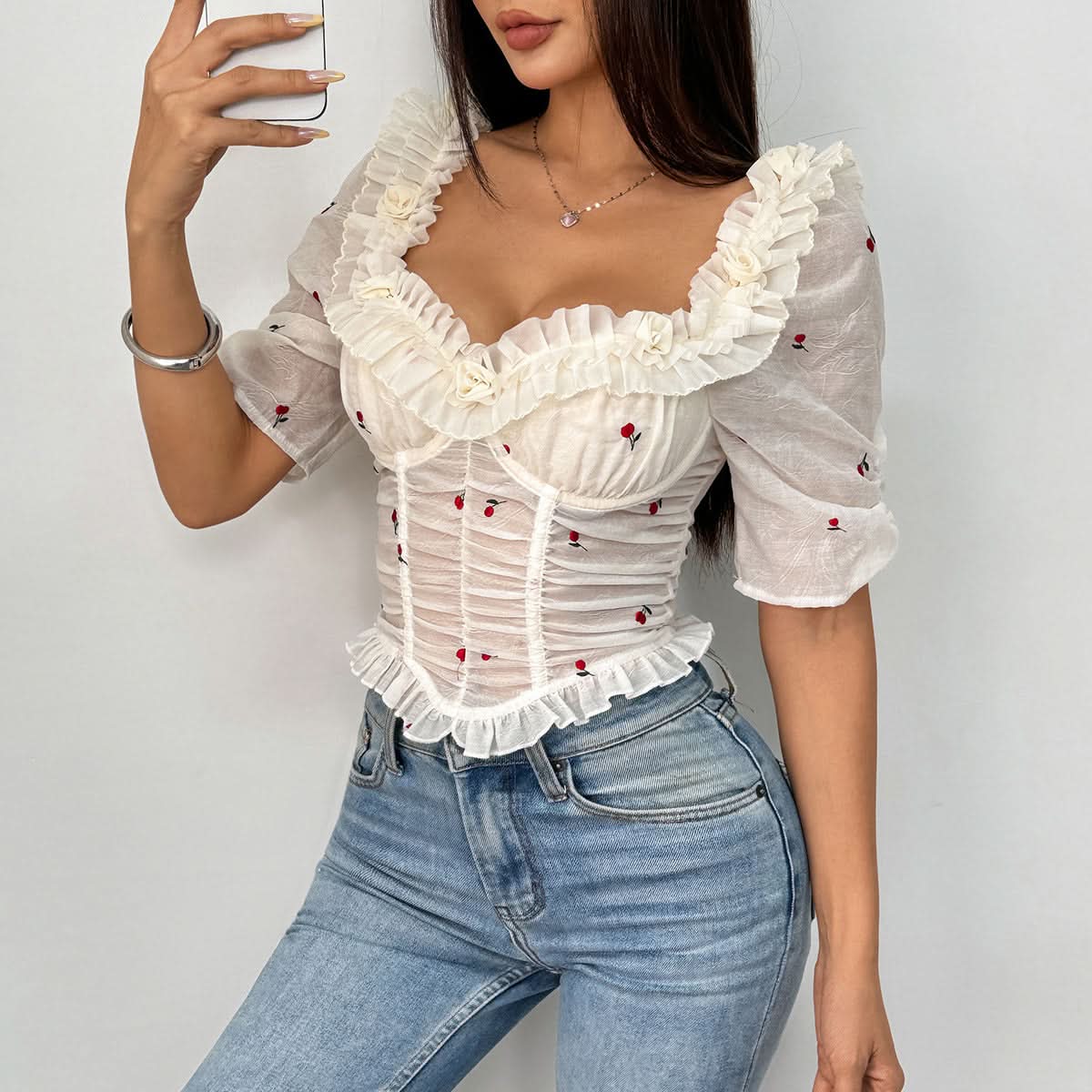 Chic Cherry Ruffle Corset-Style Top - Romantic Sheer Puff Sleeve Blouse