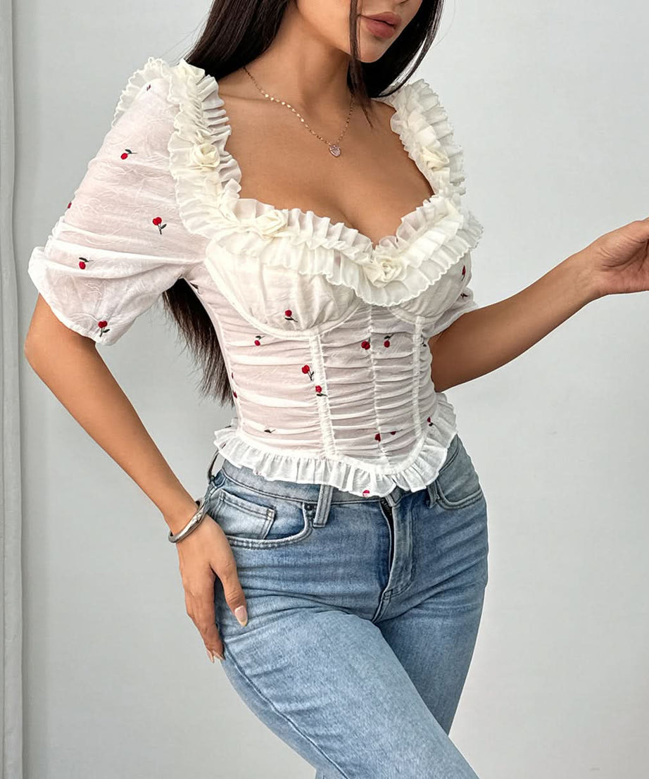 Chic Cherry Ruffle Corset-Style Top - Romantic Sheer Puff Sleeve Blouse