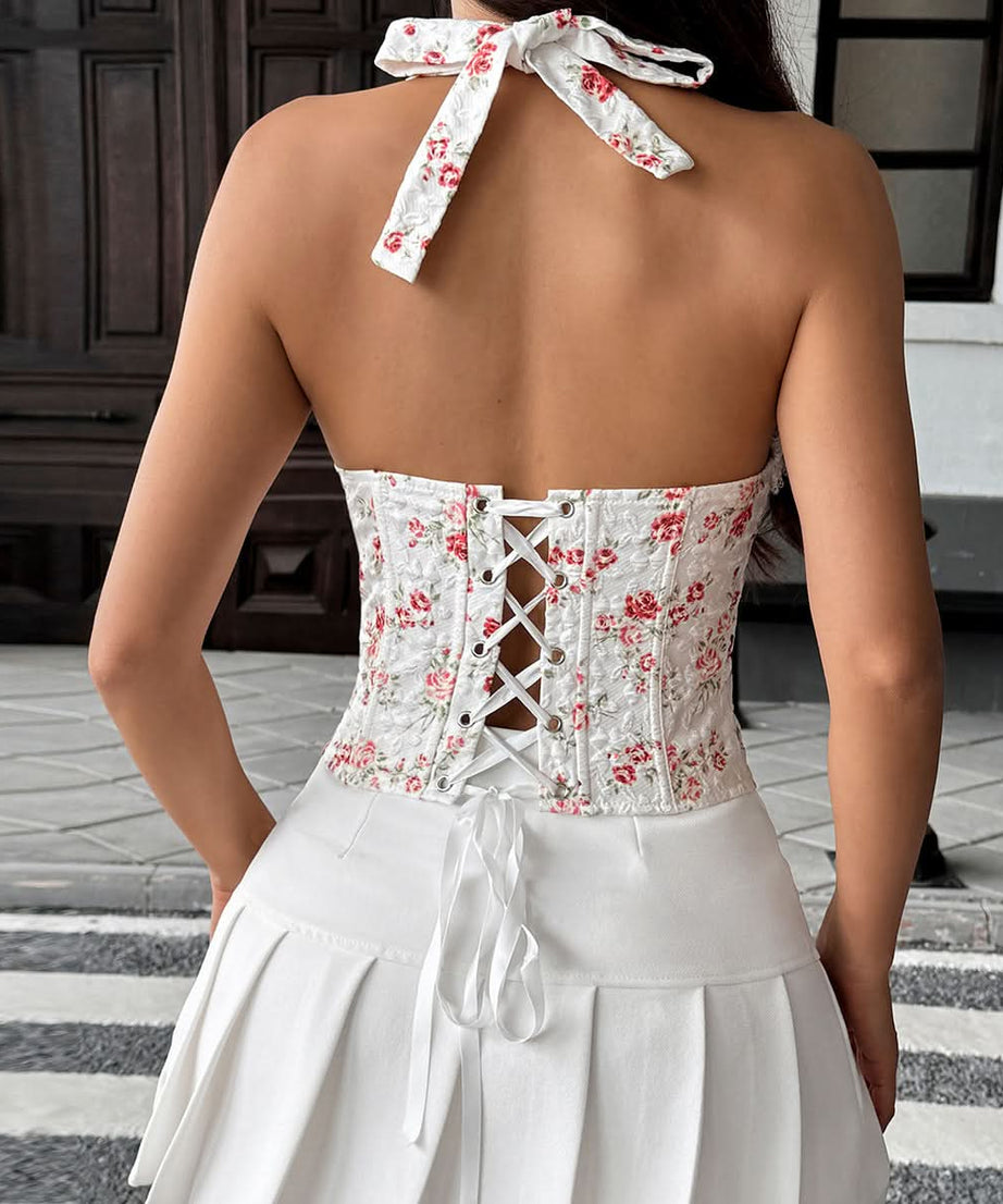 Fall Romance Floral Halter Corset Top - Vintage Lace Bustier