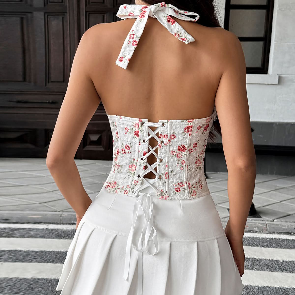 Fall Romance Floral Halter Corset Top - Vintage Lace Bustier