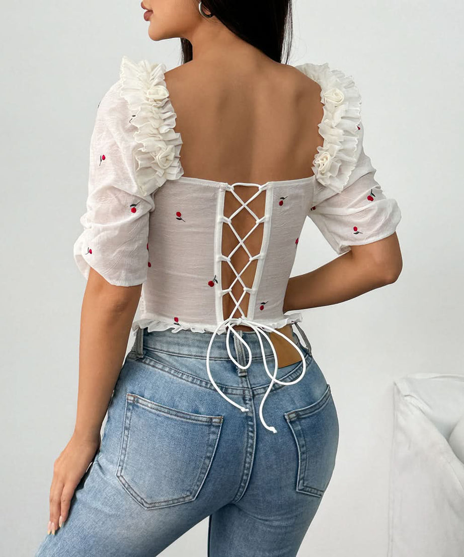 Chic Cherry Ruffle Corset-Style Top - Romantic Sheer Puff Sleeve Blouse