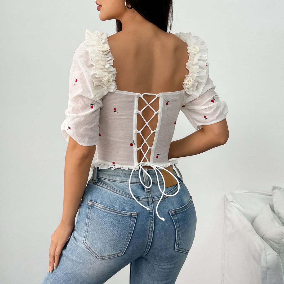Chic Cherry Ruffle Corset-Style Top - Romantic Sheer Puff Sleeve Blouse
