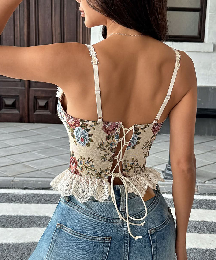 Enchanted Autumn Bloom Corset Cami: Tapestry Floral & Lace Top for Fall Chic