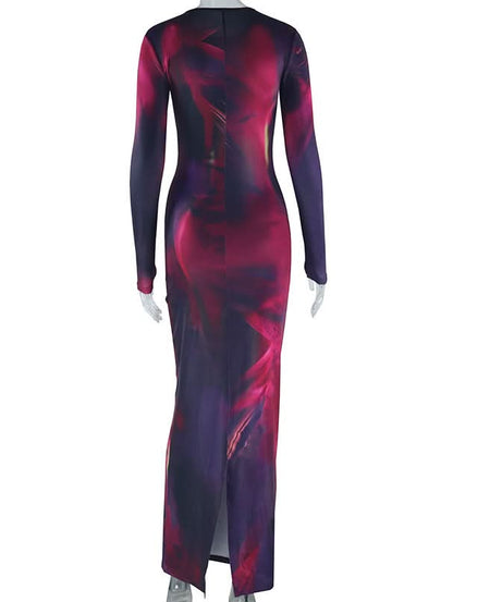 Cosmic Swirl Long Sleeve Maxi Dress - Chic Fall Bodycon Statement