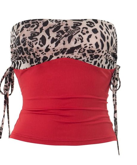 Autumn Nights Out: Wild Leopard & Red Ruched Strapless Top for Women