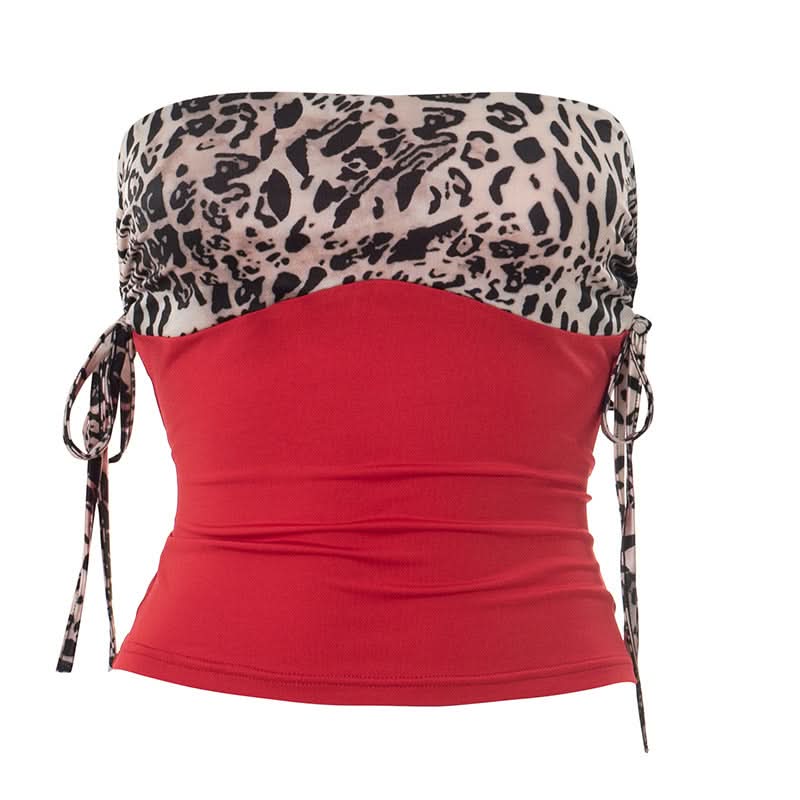 Autumn Nights Out: Wild Leopard & Red Ruched Strapless Top for Women