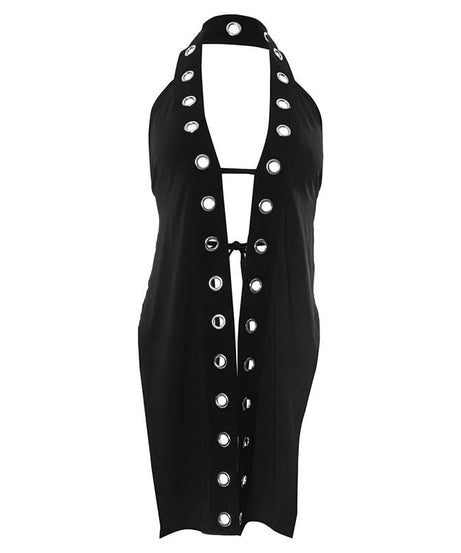 Sultry Halter Grommet Cutout Midi Dress - Edgy Fall Nights & Halloween Ready