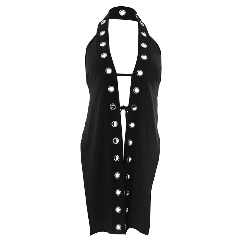 Sultry Halter Grommet Cutout Midi Dress - Edgy Fall Nights & Halloween Ready