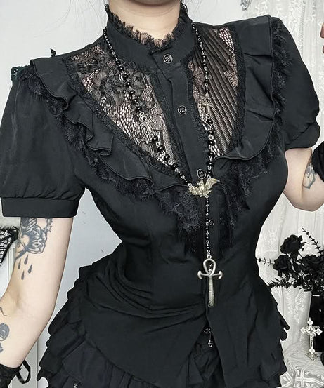 Victorian Gothic Lace Ruffle Blouse - Short Sleeve Top for Spooky Season & Fall