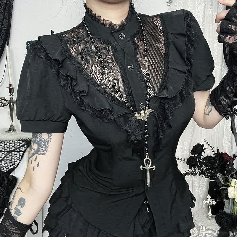 Victorian Gothic Lace Ruffle Blouse - Short Sleeve Top for Spooky Season & Fall