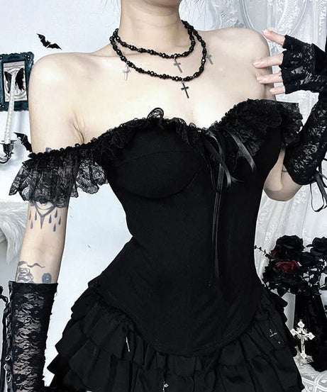 Gothic Witchy Off-Shoulder Corset Mini Dress | Lace Ruffle Halloween & Fall Fashion