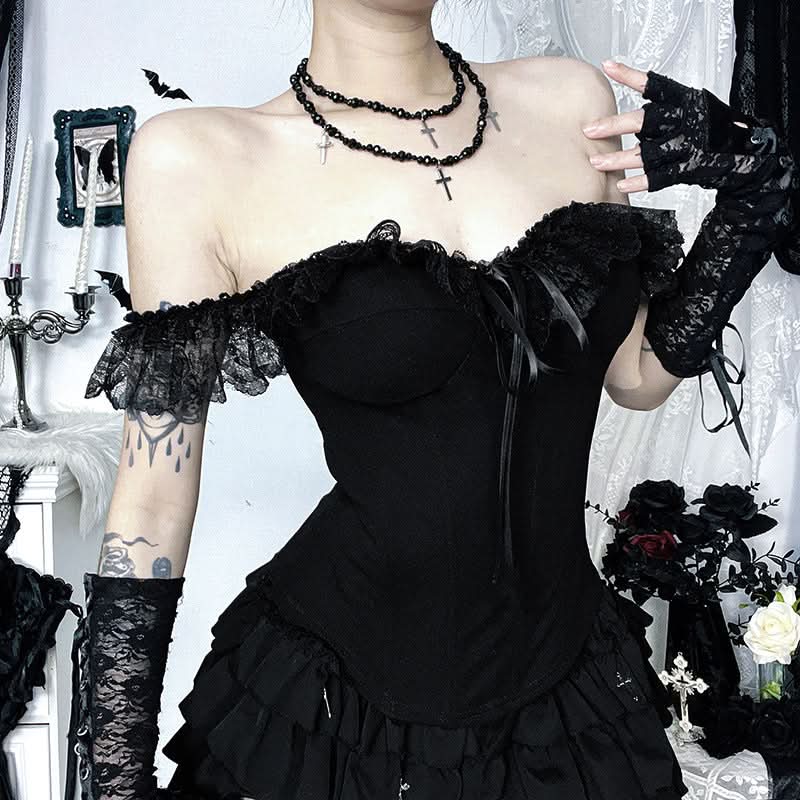 Gothic Witchy Off-Shoulder Corset Mini Dress | Lace Ruffle Halloween & Fall Fashion
