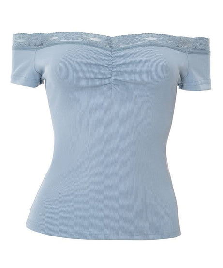 Effortless Fall Chic: Dusty Blue Off-Shoulder Ribbed Top with Delicate Lace & Flattering Ruching