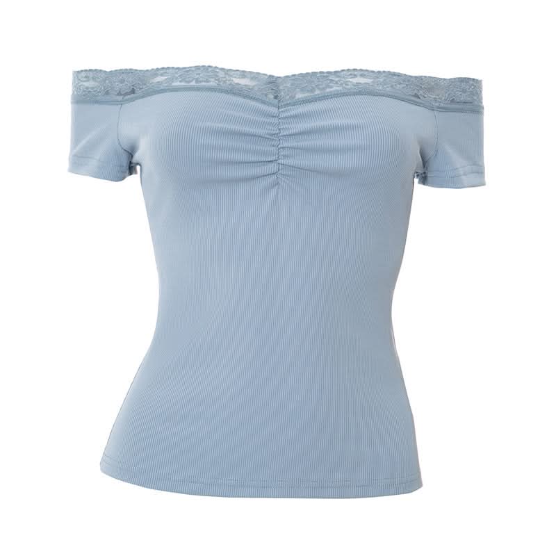 Effortless Fall Chic: Dusty Blue Off-Shoulder Ribbed Top with Delicate Lace & Flattering Ruching